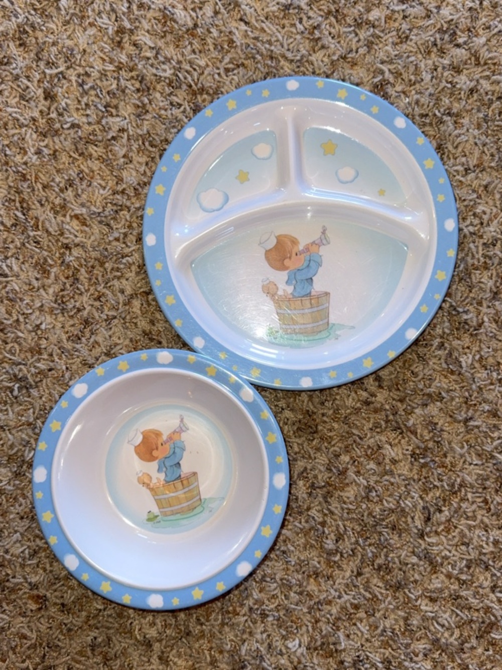 Vintage Precious Moments Child’s Divided Plate & Bowl Set – Blue Stars Clouds